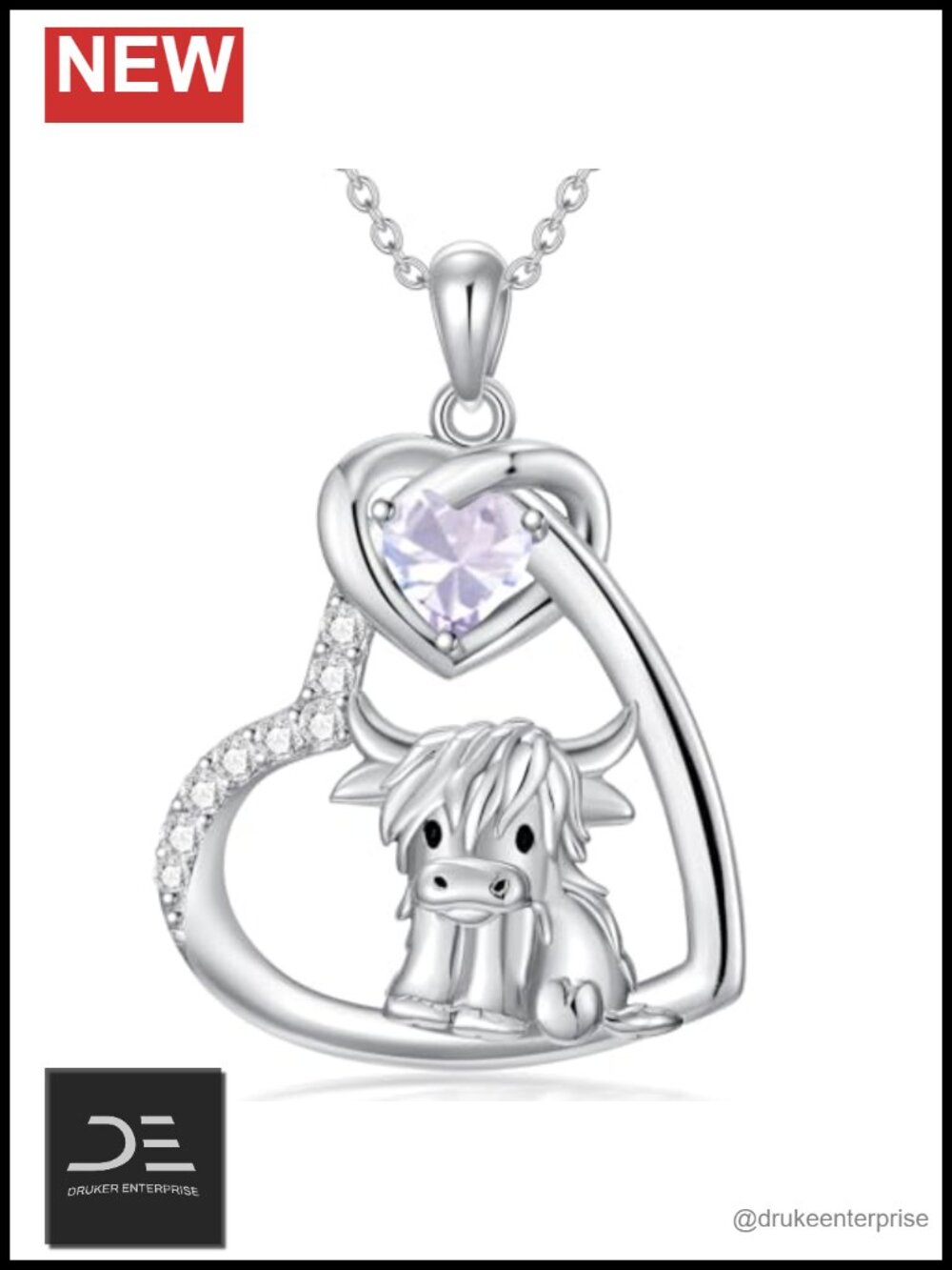 925 Sterling Silver Highland Cow Heart Pendant Necklace